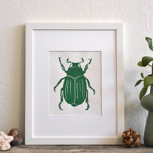 modern minimal insect beetle bug art: scarab, hand-pressed linocut print on fine art paper Green