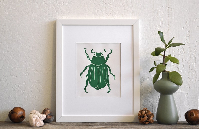 modern minimal insect beetle bug art: scarab, hand-pressed linocut print on fine art paper Green