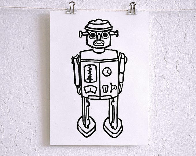 tin toy robot linocut print - minimal scandi style art print - unique decor for child's room