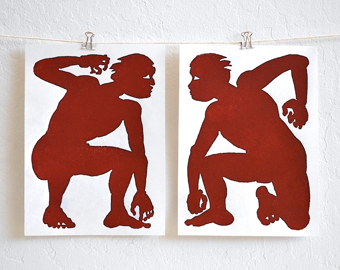 warrior diptych - two wrestlers face off - set of 2 linocut prints
