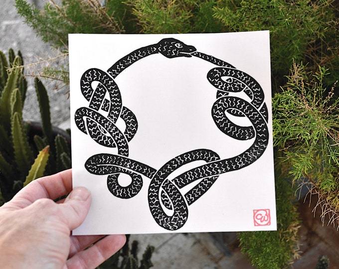 ouroboros - original design of the ancient symbol of rebirth - year of the snake - hand-pressed contemporary linocut print on fine paper