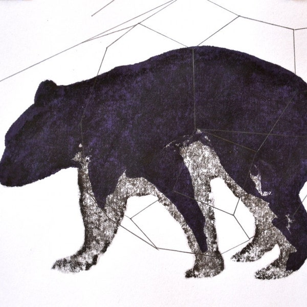 walking bear. ooak monoprint
