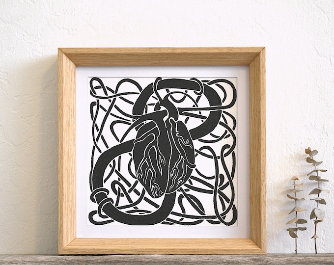 a complicated heart - unique contemporary hand-carved linocut print on fine paper