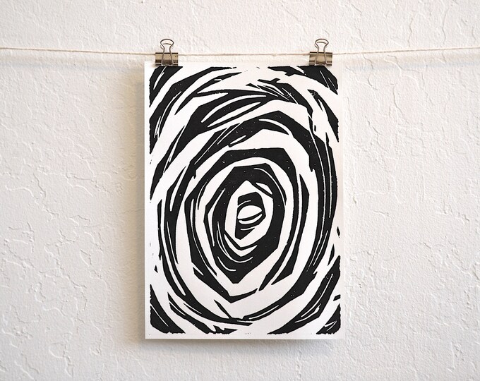 the elephant's eye - modern abstract black and white linocut print