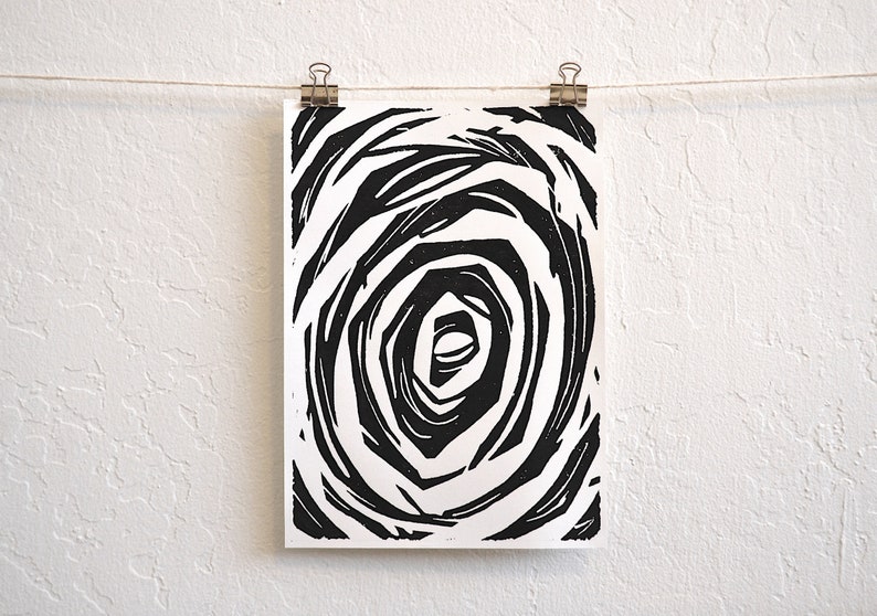 the elephant's eye modern abstract black and white linocut print image 1