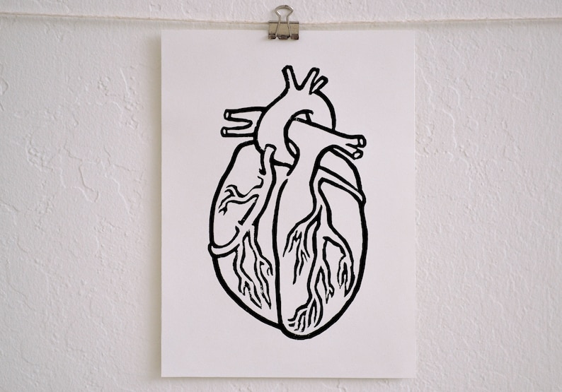 modern minimal anatomical heart block print: a simple heart, hand-pressed linocut print on paper image 4