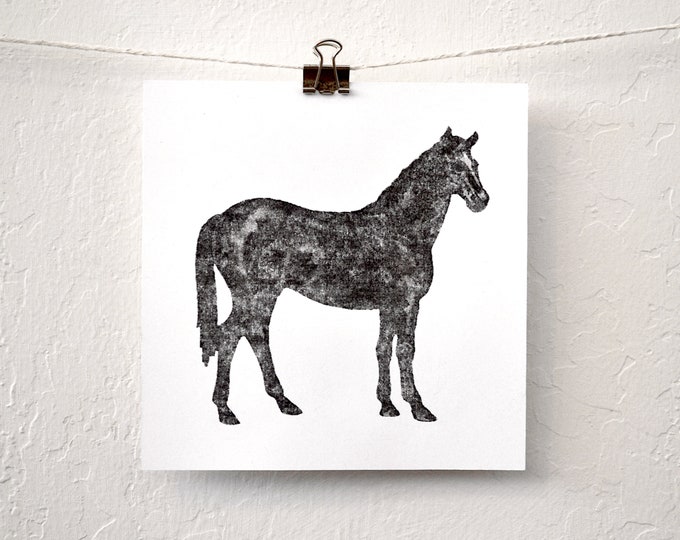 modern minimal equestrian wall art - dark horse - hand-pressed thermal print derived from original drawing