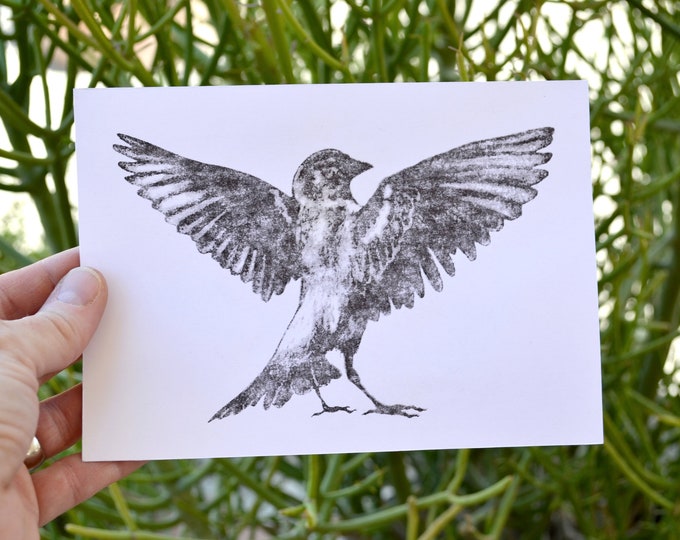 unique modern rustic art print - fighting sparrow - hand pressed thermal print derived from my original drawing