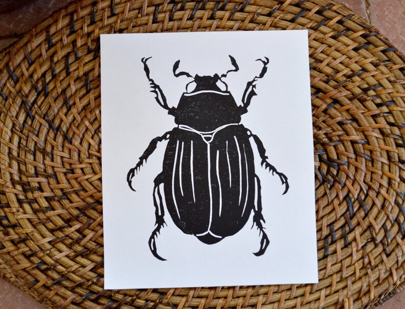 modern minimal insect beetle bug art: scarab, hand-pressed linocut print on fine art paper image 6