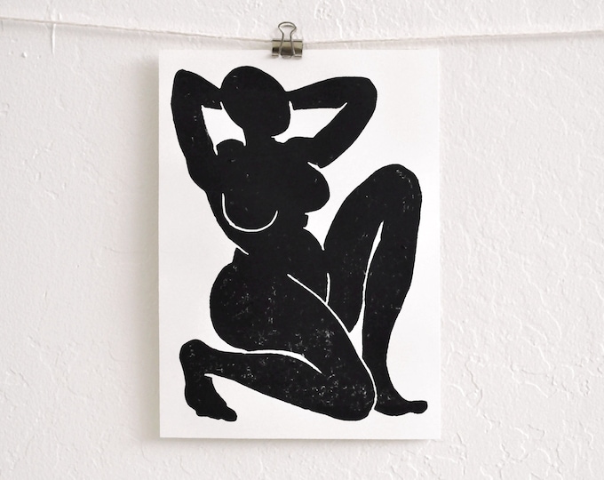 dynamic nude block print - unique body positive hand-pressed linocut print on fine paper