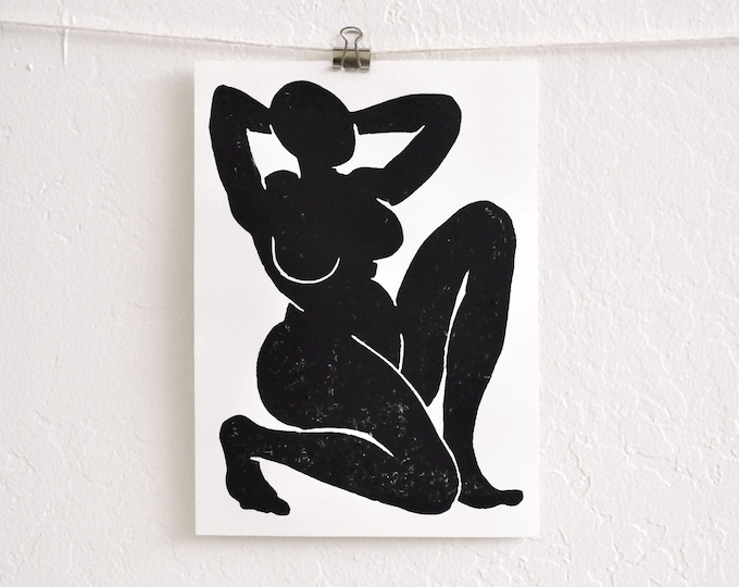 dynamic nude - unique hand-pressed linocut print on fine paper