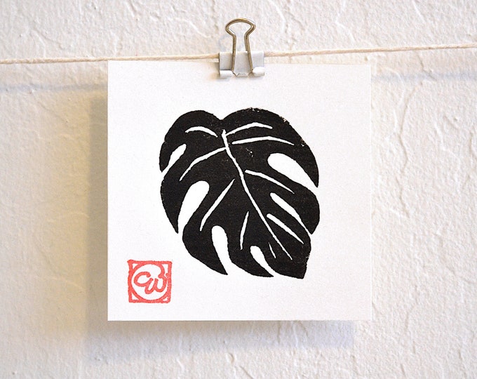 monstera leaf - tiny minimalist style botanical linocut print