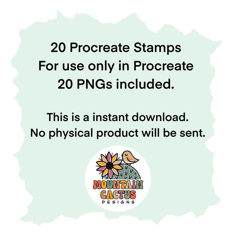 K&ouml;nnte beinhalten: Digitaler Download-Grafik mit dem Text "20 Procreate Stamps" und "For use only in Procreate." Enth&auml;lt 20 PNGs. Das Bild zeigt ein Mountain Cactus Designs-Logo mit einer Illustration von Blume, Vogel und Kaktus.