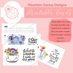 12 Encouraging Psalms Bible Verse 3 x 5 Cards | Monthly Prayer and Devotions Printable Bible Cards | Christian Inspirational Scripture Art