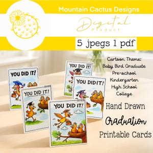 d'obtention du diplôme d'oiseau de dessin animé | lot de 5, 5 x 7" cartes imprimables dessinées à la main | Carte numérique drôle de diplômé | Promotion 2025 | Téléchargement instantané