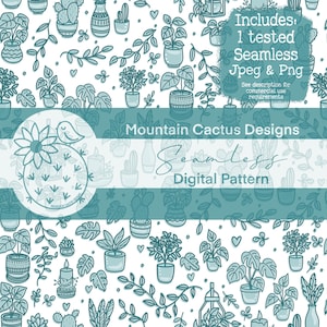 Turquoise Houseplant Pattern: Boho Cactus Design (Digital Download, Commercial Use)