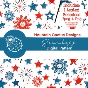 Patriotic Stars Flowers Seamless Digital Pattern | Red White Blue 4th of July Printable Background | JPEG & PNG Instant Download