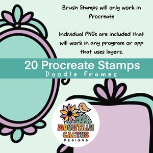 K&ouml;nnte beinhalten: Digitales Kunstprodukt mit 20 Procreate-Stempeln mit Doodle-Rahmen. Das Bild enth&auml;lt Text: "Brush Stamps will only work in Procreate" und "Individual PNGs are included that will work in any program or app that uses layers."