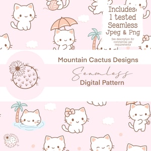 May include: Seamless digital pattern featuring cartoon white cats with pink bows, umbrellas, and palm trees on a light pink background. The design includes the text "Mountain Cactus Designs" and "Seamless Digital Pattern".