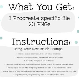 K&ouml;nnte beinhalten: Bild mit Text: &bdquo;Was Sie erhalten: 1 Procreate-spezifische Datei, 20 PNGs. Anweisungen: Verwendung Ihrer neuen Pinselstempel.&ldquo; Anweisungen zur Verwendung von Procreate-Pinseln, einschlie&szlig;lich des Tippens auf die Leinwand.