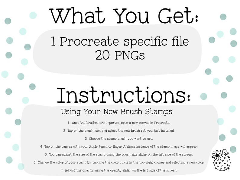 K&ouml;nnte beinhalten: Bild mit Text: &bdquo;Was Sie erhalten: 1 Procreate-spezifische Datei, 20 PNGs. Anweisungen: Verwendung Ihrer neuen Pinselstempel.&ldquo; Anweisungen zur Verwendung von Procreate-Pinseln, einschlie&szlig;lich des Tippens auf die Leinwand.
