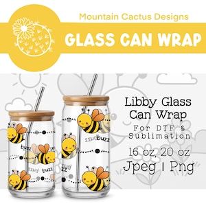 May include: Clear glass can wraps with bamboo lids and stainless steel straws. The wraps feature a repeating pattern of cartoon bees with the word "buzz". The image also includes the text "Libby Glass Can Wrap" and "16 oz, 20 oz".