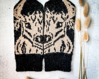 The Highland Mittens, Knitting Pattern for Cow Colorwork for Adult Women, Selbu Fingering Weight Sock Yarn Knit Animal PATTERN ONLY