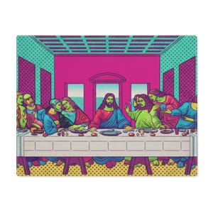 May include: Pop art style rectangular pillow featuring a vibrant depiction of the Last Supper. The artwork uses bold colors like pink, teal, and yellow, with a comic book dot pattern. The figures are stylized, and the scene is set in a room with arched windows.