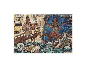 Tapis/Tapisserie inspirés de la mythologie japonaise : Izanagi, Izanami, Amaterasu, Onogoro-jima (récit de la création), art décoratif shintoïste