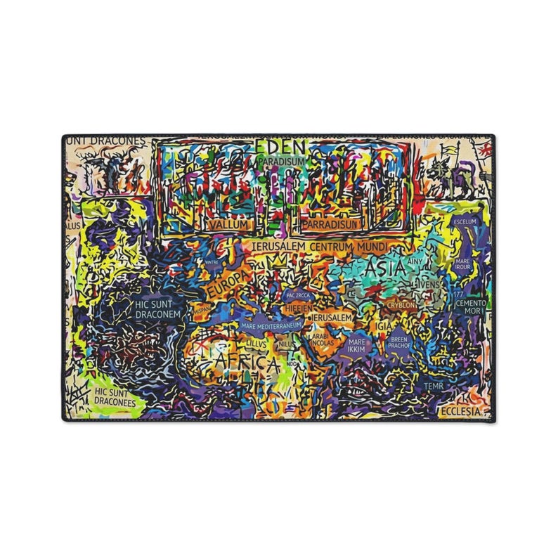 Mappa Mundi Medieval Cosmology Rug | Dark Academia Graffiti Art | Hereford World Map Decor image 3
