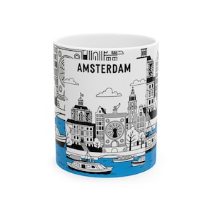 Amsterdam Malerische Keramiktasse |Amsterdam Stadtbild Tasse | Black & White Line Art Kaffeetasse | Niederländische Kanal-Skizzen-Tasse | Holland Trinkgefäße