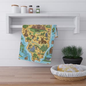 Strofinaccio con mappa dell'Illinois vintage / Decorazione da cucina con città storiche dell'Illinois / Strofinaccio con mappa dello stato in regalo