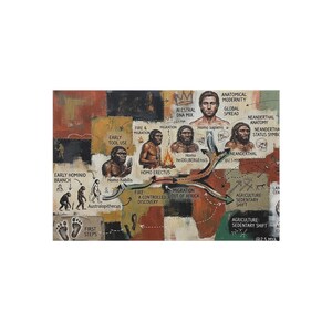 May include: A multi-colored educational poster depicting human evolution with illustrations of hominids, footprints, and migration paths. Text labels include Early Hominid Branch, Homo Habilis, Homo Erectus, Homo Sapiens, Neanderthal, and Agriculture Sedentary Shift.