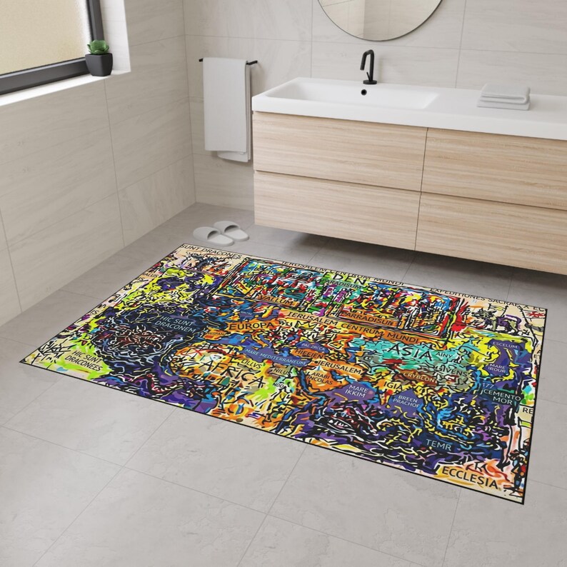 Mappa Mundi Medieval Cosmology Rug | Dark Academia Graffiti Art | Hereford World Map Decor image 7