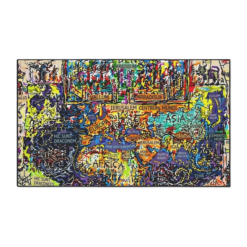 Mappa Mundi Medieval Cosmology Rug | Dark Academia Graffiti Art | Hereford World Map Decor image 2