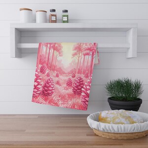 Pink Pine Forest Tea Towel Set | Woodland Kitchen Decor | Unique Nature Inspired Dish Towel