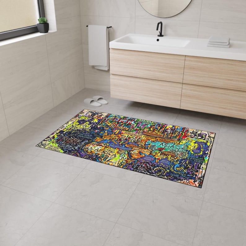 Mappa Mundi Medieval Cosmology Rug | Dark Academia Graffiti Art | Hereford World Map Decor image 8