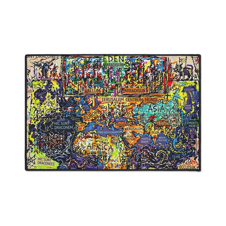 Mappa Mundi Medieval Cosmology Rug | Dark Academia Graffiti Art | Hereford World Map Decor image 5