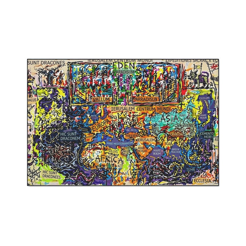 Mappa Mundi Medieval Cosmology Rug | Dark Academia Graffiti Art | Hereford World Map Decor image 1