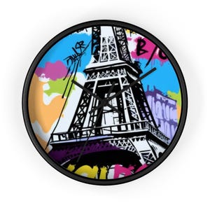 Horloge murale tour Eiffel, horloge pop art, horloge de Paris, horloge graffiti de Paris, décoration d&#39;intérieur française, horloge urbaine unique, décoration d&#39;art de rue, vibrant