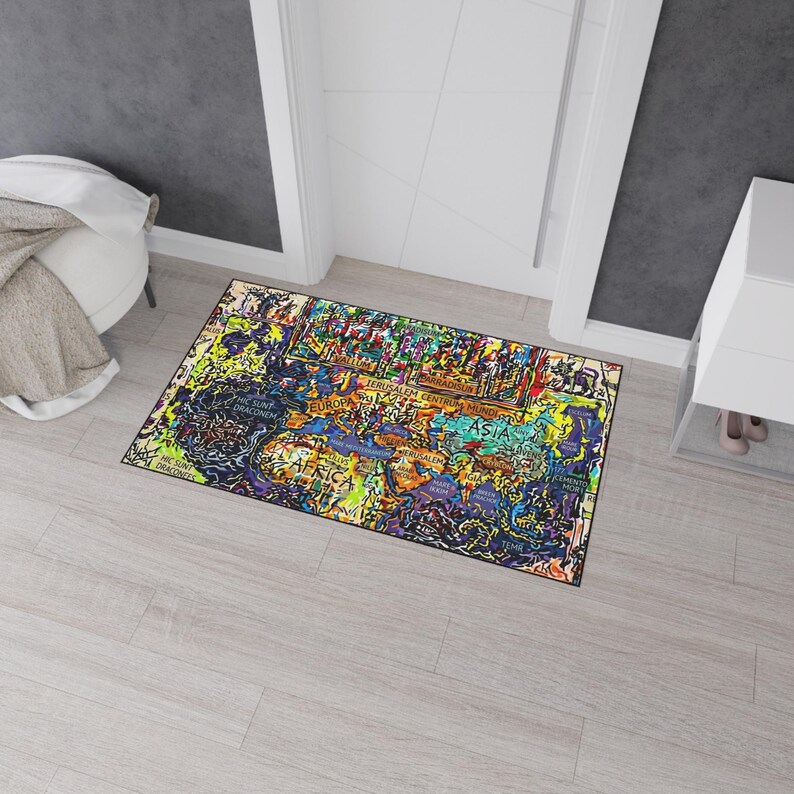 Mappa Mundi Medieval Cosmology Rug | Dark Academia Graffiti Art | Hereford World Map Decor image 9