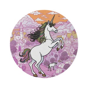Pink Unicorn Rug for Girls Bedroom – Whimsical Round Fantasy Scene Floor Mat, Colorful Unicorn Girl Room Decor & Playroom Accessory