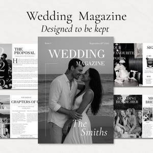 Puede incluir: Una revista de bodas en blanco y negro con el título "Wedding Magazine" y el lema "Designed to be kept". La portada presenta a una pareja abrazándose en una playa. Otras páginas muestran detalles de la boda.