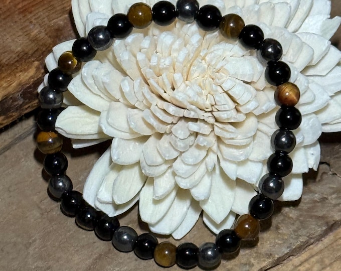 Triple Protection Gemstone Bracelet with Tiger’s Eye, Black Obsidian and Hematite 6mm beads