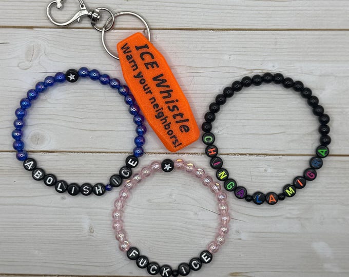 Abolish ICE / Chinga La Migra Beaded Bracelet – Choice of Phrase + Free Whistle