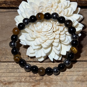 Triple Protection Gemstone Bracelet with Tiger’s Eye, Black Obsidian and Hematite 8mm beads