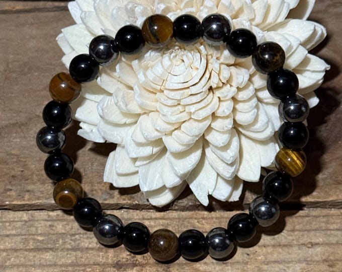 Triple Protection Gemstone Bracelet with Tiger’s Eye, Black Obsidian and Hematite 8mm beads