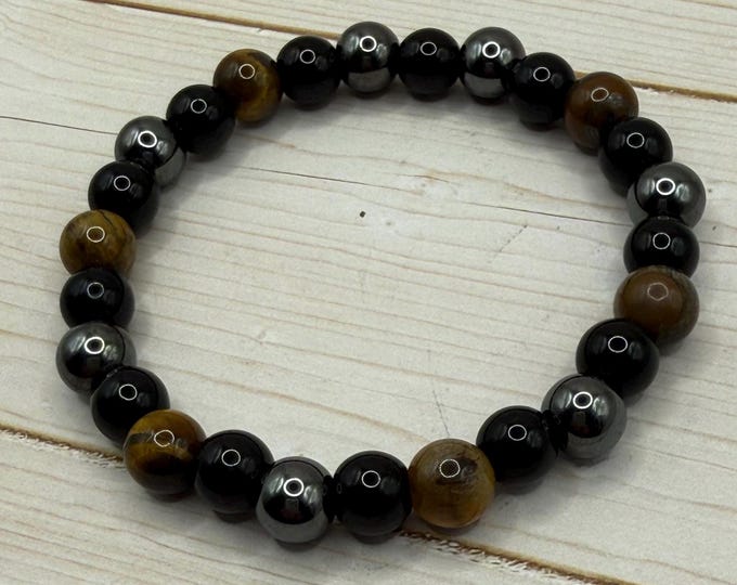 Triple Protection Gemstone Bracelet with Tiger’s Eye, Black Obsidian and Hematite 6mm beads