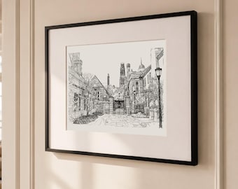 Originele Yale University-inkttekening – ingelijste campusmuurkunst