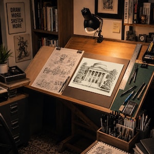Op de afbeelding: Een goed verlichte kunstwerkplaats met een houten tekentafel. De tafel bevat een gedetailleerde architectonische tekening en een stripverhaal. Verschillende pennen, potloden en kunstbenodigdheden zijn netjes geordend. Een zwarte bureaulamp verlicht de werkruimte.